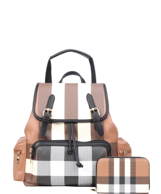 Check Flap Drawstring Backpack Wallet Set LM8917A BLACK